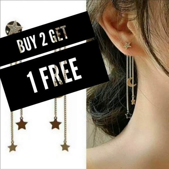 Gold & Crystal Star & Moon Tassel Chain Earrings - Picture 1 of 7
